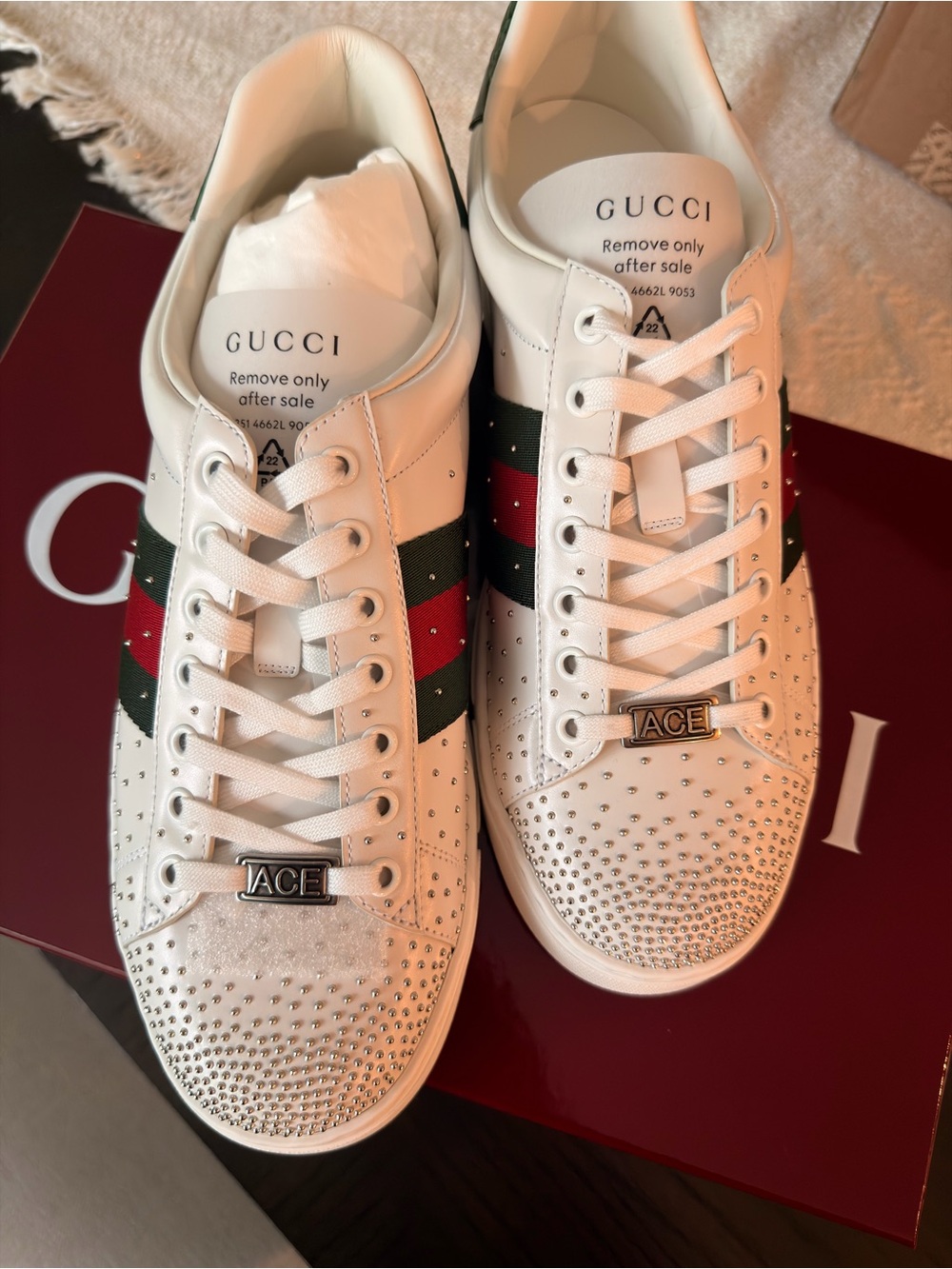NEW AUTHENTIC Gucci ACE Leather Sneakers with Red & Green Web and Crystal Accent - Picture 3 of 4